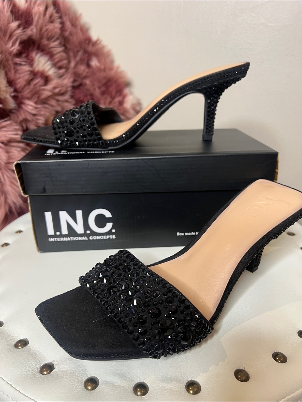 INC International Concepts Black Crystal-Embellished Slide Sandals